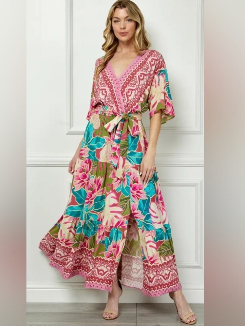 fig and flower Pink, Green & Blue Floral V-Neck Maxi Dress